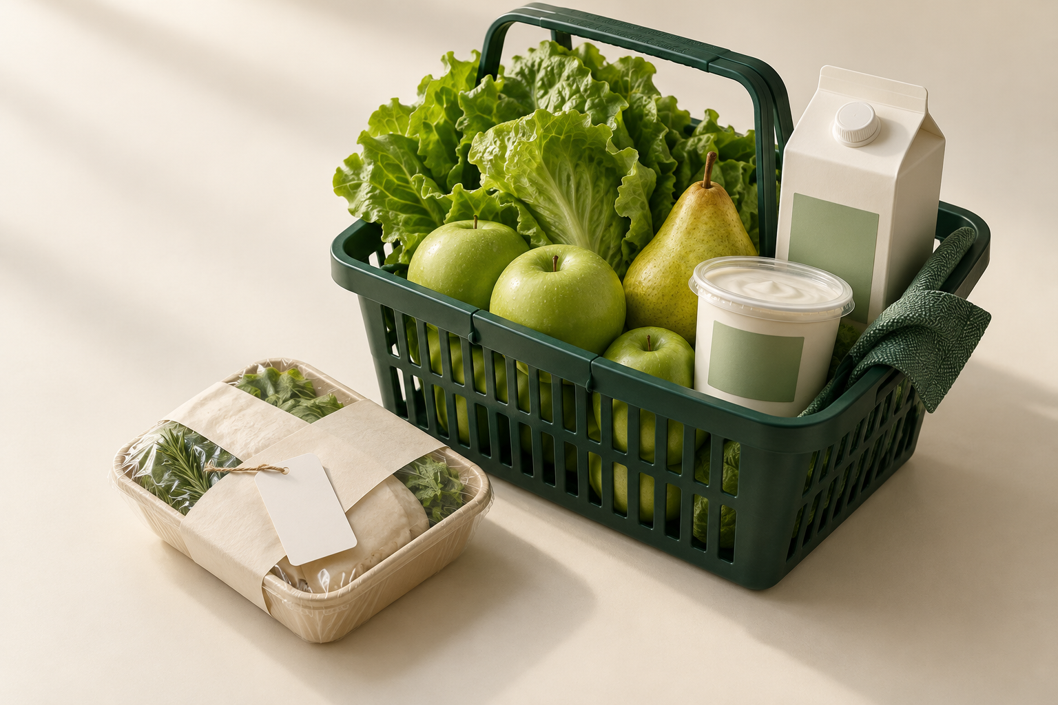 Сгенерированная иллюстрация: корзина свежих продуктов, молочная продукция и упаковка с этикеткой